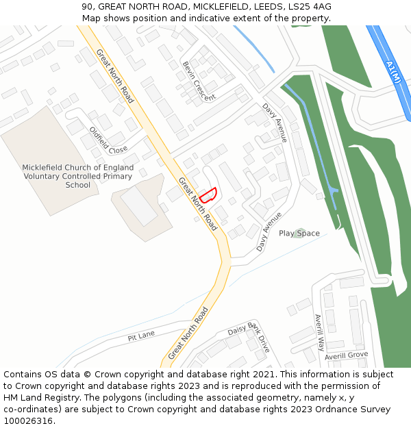 90, GREAT NORTH ROAD, MICKLEFIELD, LEEDS, LS25 4AG: Location map and indicative extent of plot