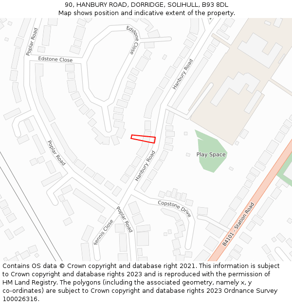 90, HANBURY ROAD, DORRIDGE, SOLIHULL, B93 8DL: Location map and indicative extent of plot