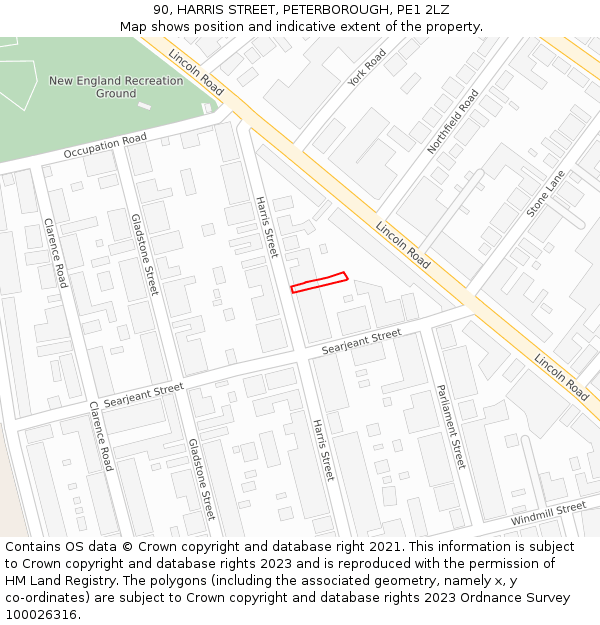 90, HARRIS STREET, PETERBOROUGH, PE1 2LZ: Location map and indicative extent of plot