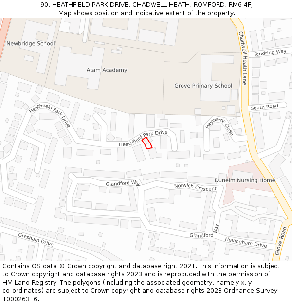 90, HEATHFIELD PARK DRIVE, CHADWELL HEATH, ROMFORD, RM6 4FJ: Location map and indicative extent of plot
