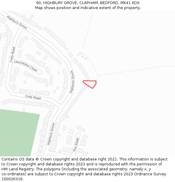 90, HIGHBURY GROVE, CLAPHAM, BEDFORD, MK41 6DX: Location map and indicative extent of plot