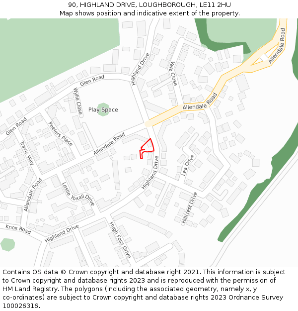90, HIGHLAND DRIVE, LOUGHBOROUGH, LE11 2HU: Location map and indicative extent of plot