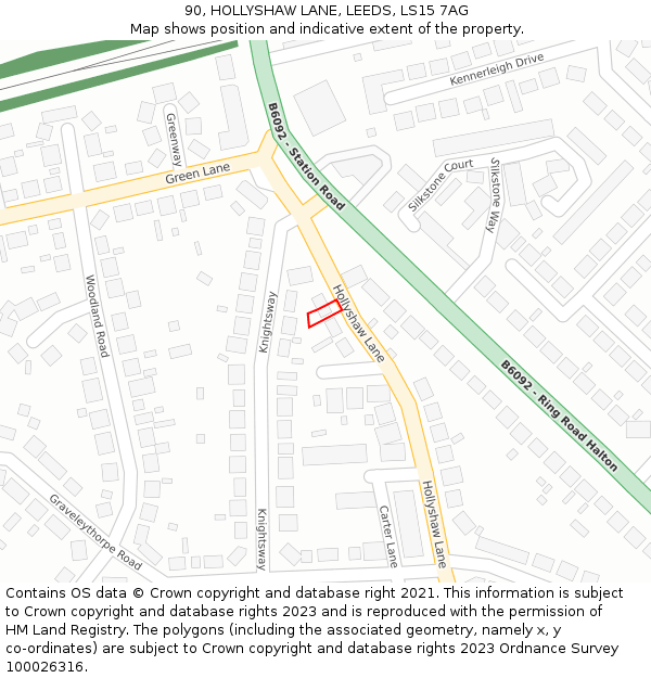 90, HOLLYSHAW LANE, LEEDS, LS15 7AG: Location map and indicative extent of plot
