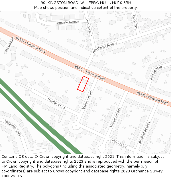90, KINGSTON ROAD, WILLERBY, HULL, HU10 6BH: Location map and indicative extent of plot