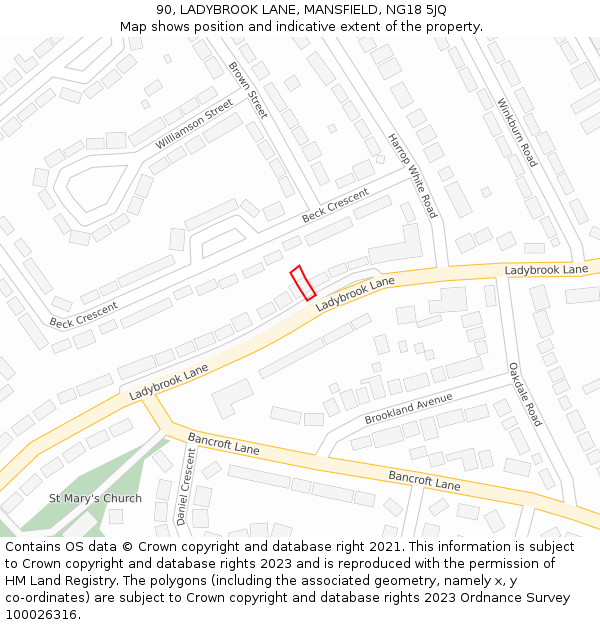 90, LADYBROOK LANE, MANSFIELD, NG18 5JQ: Location map and indicative extent of plot