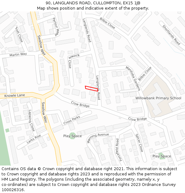 90, LANGLANDS ROAD, CULLOMPTON, EX15 1JB: Location map and indicative extent of plot