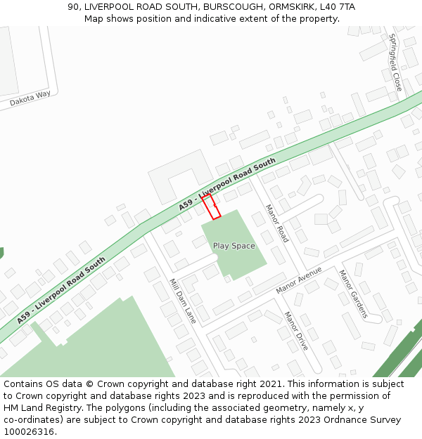 90, LIVERPOOL ROAD SOUTH, BURSCOUGH, ORMSKIRK, L40 7TA: Location map and indicative extent of plot