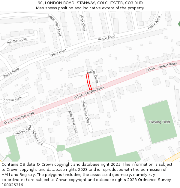 90, LONDON ROAD, STANWAY, COLCHESTER, CO3 0HD: Location map and indicative extent of plot