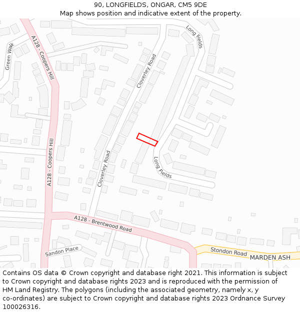 90, LONGFIELDS, ONGAR, CM5 9DE: Location map and indicative extent of plot