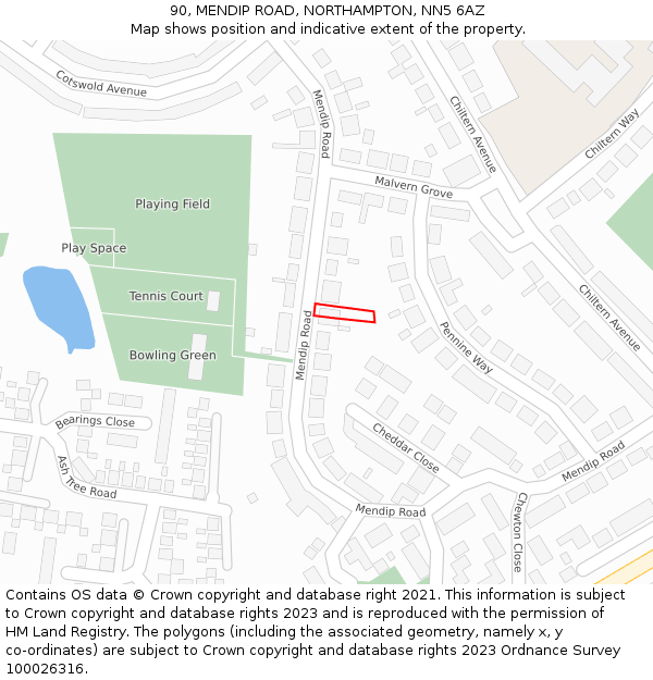 90, MENDIP ROAD, NORTHAMPTON, NN5 6AZ: Location map and indicative extent of plot