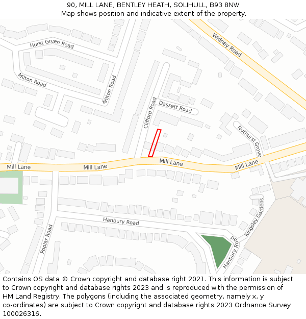 90, MILL LANE, BENTLEY HEATH, SOLIHULL, B93 8NW: Location map and indicative extent of plot