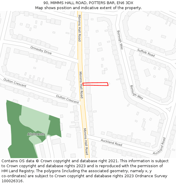 90, MIMMS HALL ROAD, POTTERS BAR, EN6 3DX: Location map and indicative extent of plot