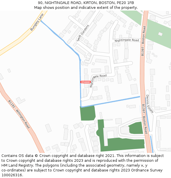 90, NIGHTINGALE ROAD, KIRTON, BOSTON, PE20 1FB: Location map and indicative extent of plot