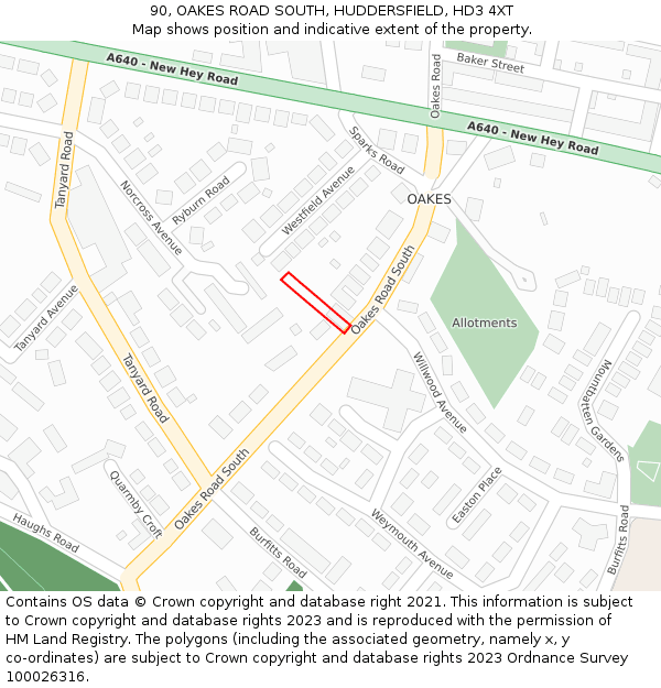 90, OAKES ROAD SOUTH, HUDDERSFIELD, HD3 4XT: Location map and indicative extent of plot