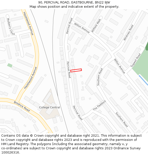 90, PERCIVAL ROAD, EASTBOURNE, BN22 9JW: Location map and indicative extent of plot