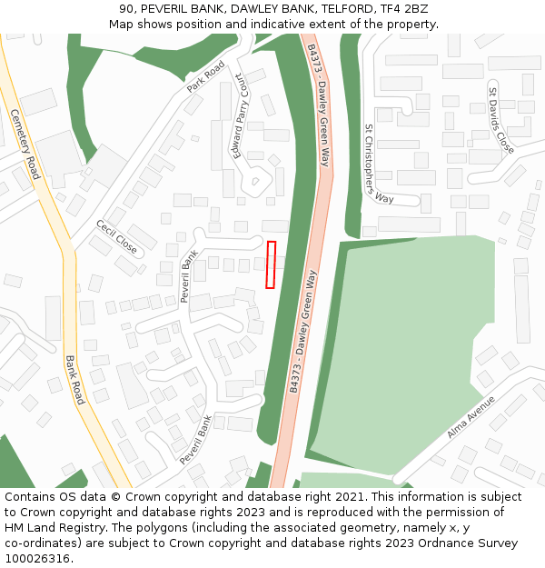 90, PEVERIL BANK, DAWLEY BANK, TELFORD, TF4 2BZ: Location map and indicative extent of plot