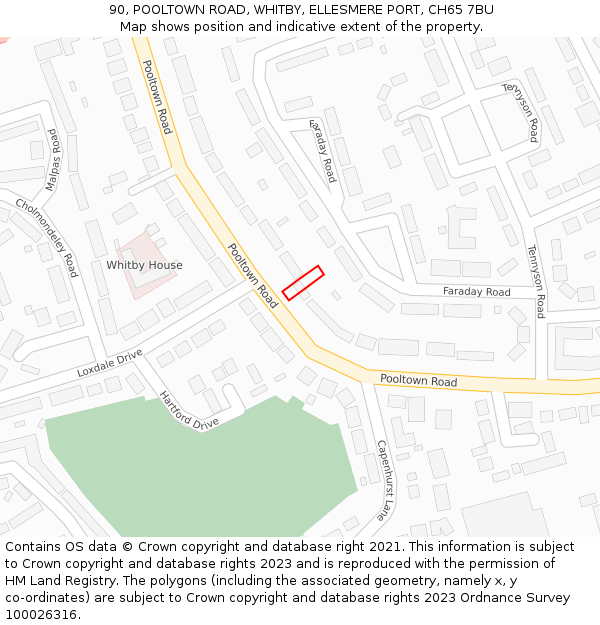 90, POOLTOWN ROAD, WHITBY, ELLESMERE PORT, CH65 7BU: Location map and indicative extent of plot