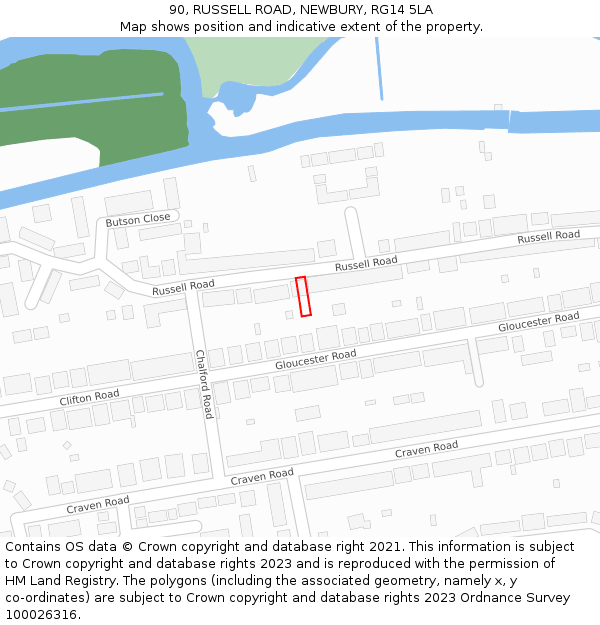 90, RUSSELL ROAD, NEWBURY, RG14 5LA: Location map and indicative extent of plot