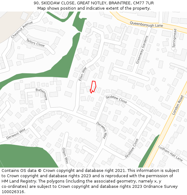 90, SKIDDAW CLOSE, GREAT NOTLEY, BRAINTREE, CM77 7UR: Location map and indicative extent of plot