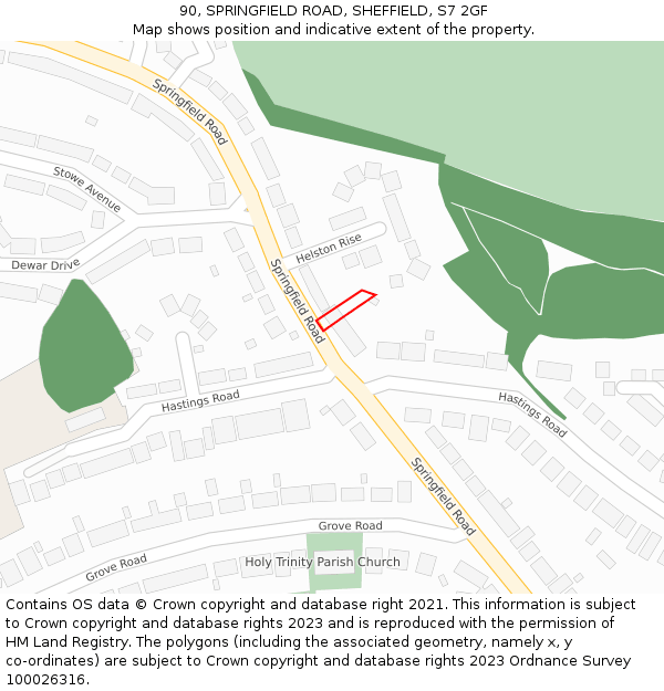 90, SPRINGFIELD ROAD, SHEFFIELD, S7 2GF: Location map and indicative extent of plot