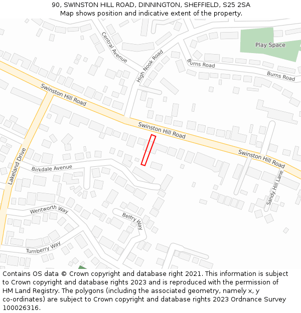 90, SWINSTON HILL ROAD, DINNINGTON, SHEFFIELD, S25 2SA: Location map and indicative extent of plot