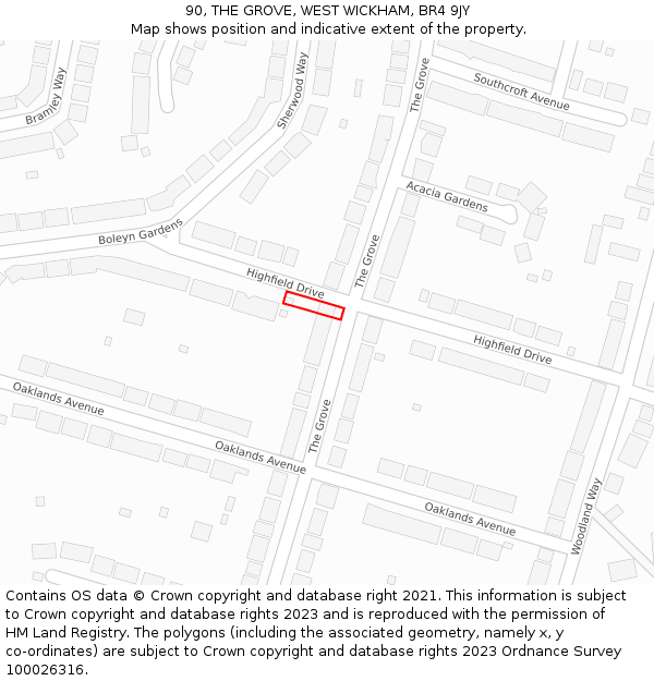 90, THE GROVE, WEST WICKHAM, BR4 9JY: Location map and indicative extent of plot