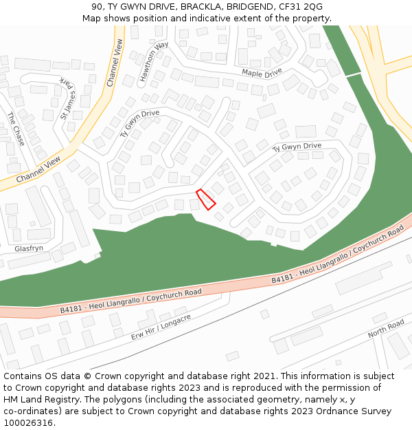 90, TY GWYN DRIVE, BRACKLA, BRIDGEND, CF31 2QG: Location map and indicative extent of plot