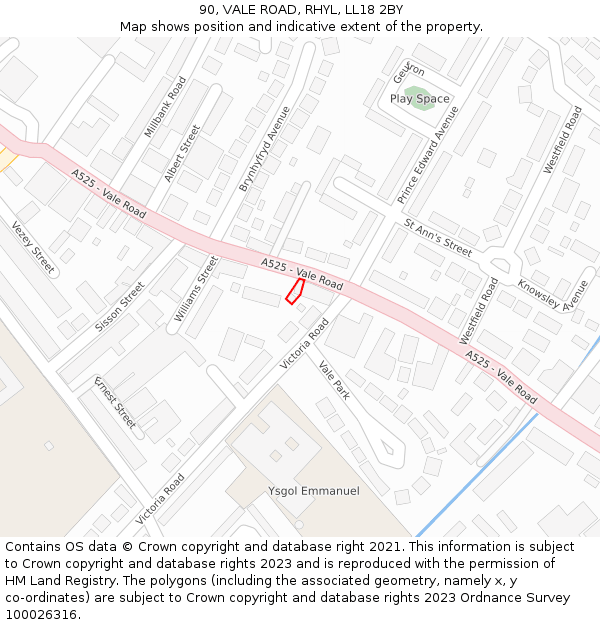 90, VALE ROAD, RHYL, LL18 2BY: Location map and indicative extent of plot
