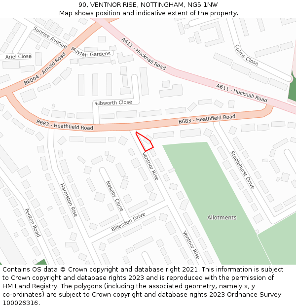 90, VENTNOR RISE, NOTTINGHAM, NG5 1NW: Location map and indicative extent of plot