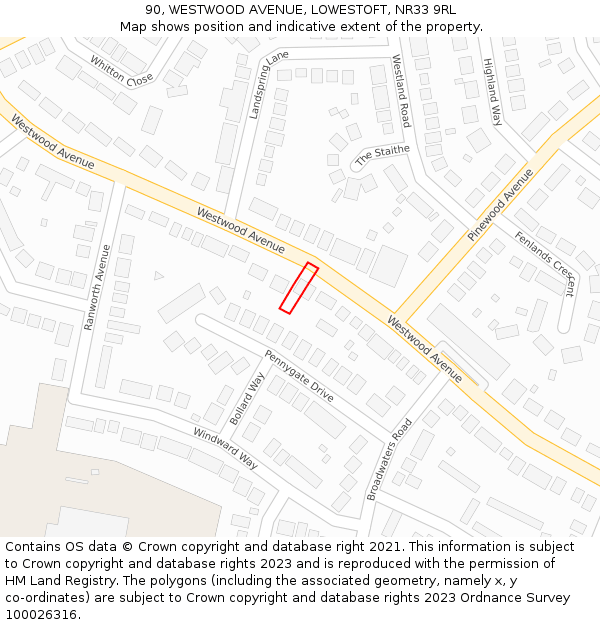 90, WESTWOOD AVENUE, LOWESTOFT, NR33 9RL: Location map and indicative extent of plot