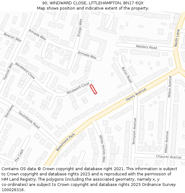 90, WINDWARD CLOSE, LITTLEHAMPTON, BN17 6QX: Location map and indicative extent of plot