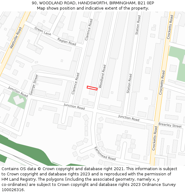 90, WOODLAND ROAD, HANDSWORTH, BIRMINGHAM, B21 0EP: Location map and indicative extent of plot