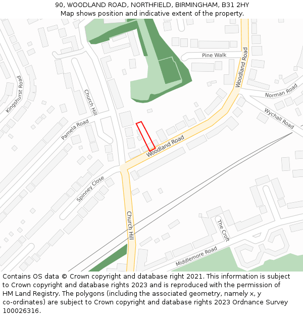90, WOODLAND ROAD, NORTHFIELD, BIRMINGHAM, B31 2HY: Location map and indicative extent of plot