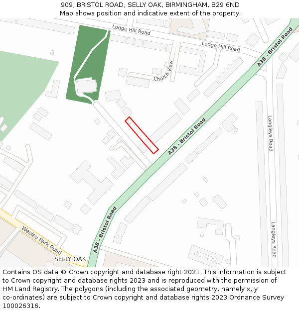 909, BRISTOL ROAD, SELLY OAK, BIRMINGHAM, B29 6ND: Location map and indicative extent of plot