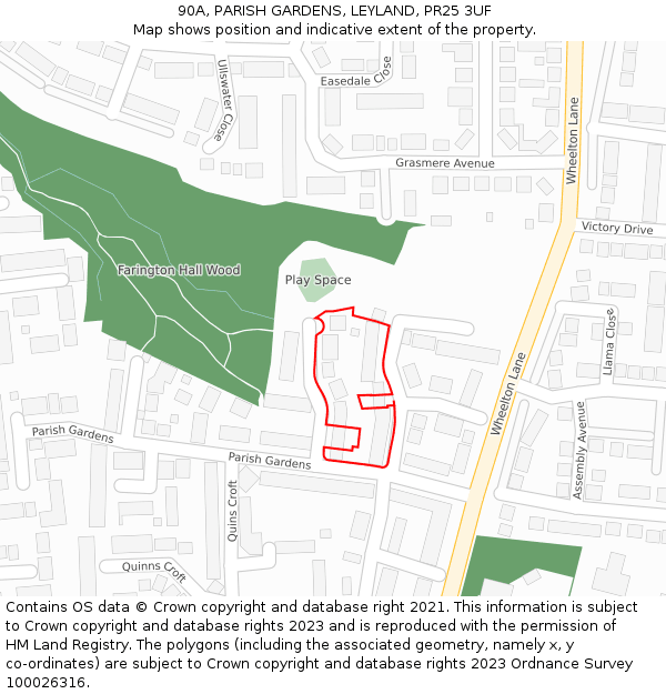 90A, PARISH GARDENS, LEYLAND, PR25 3UF: Location map and indicative extent of plot