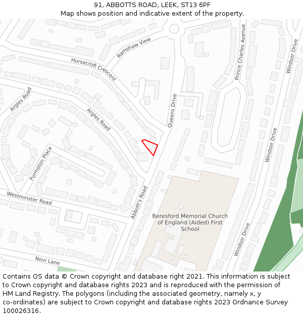 91, ABBOTTS ROAD, LEEK, ST13 6PF: Location map and indicative extent of plot