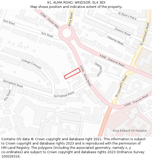 91, ALMA ROAD, WINDSOR, SL4 3EX: Location map and indicative extent of plot