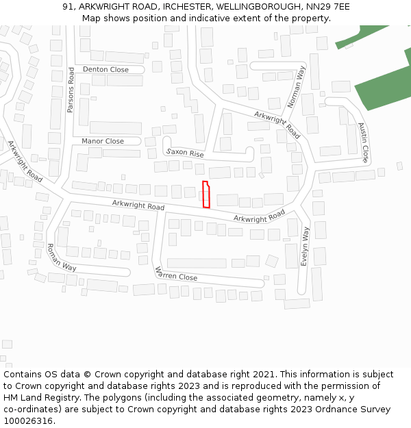 91, ARKWRIGHT ROAD, IRCHESTER, WELLINGBOROUGH, NN29 7EE: Location map and indicative extent of plot