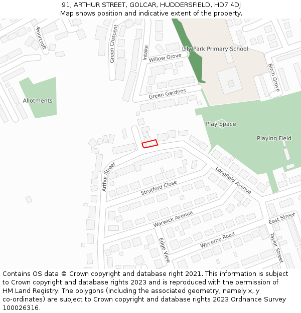 91, ARTHUR STREET, GOLCAR, HUDDERSFIELD, HD7 4DJ: Location map and indicative extent of plot