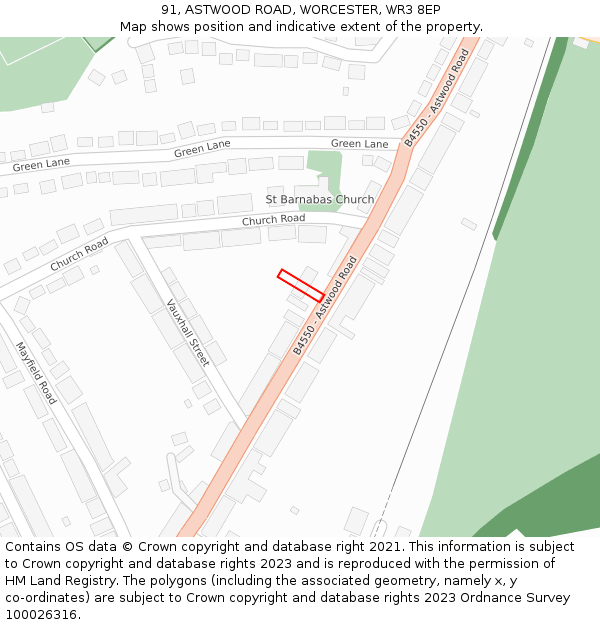 91, ASTWOOD ROAD, WORCESTER, WR3 8EP: Location map and indicative extent of plot