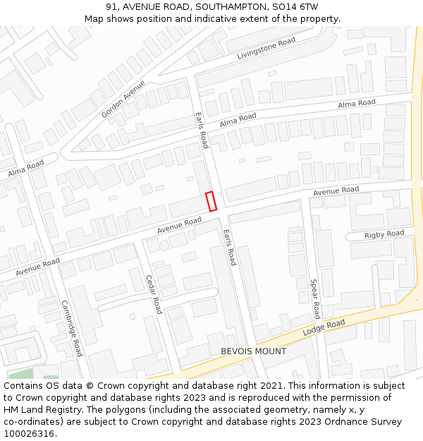 91, AVENUE ROAD, SOUTHAMPTON, SO14 6TW: Location map and indicative extent of plot