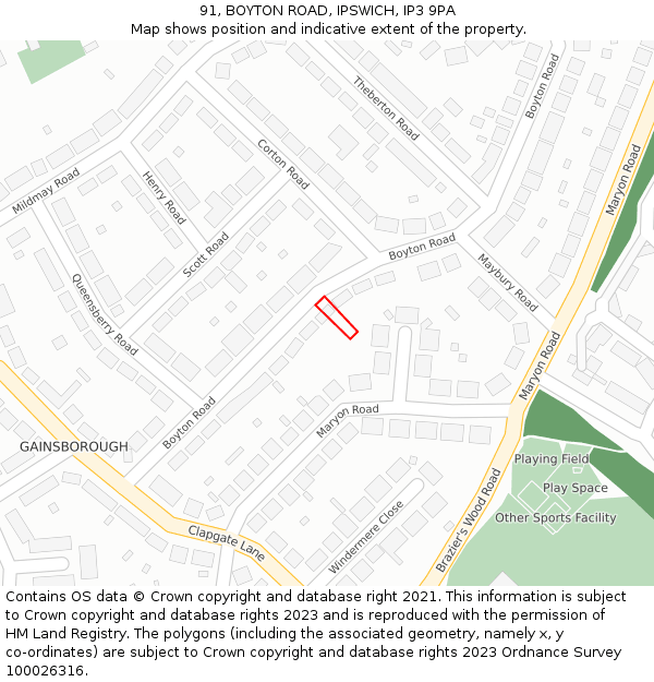 91, BOYTON ROAD, IPSWICH, IP3 9PA: Location map and indicative extent of plot