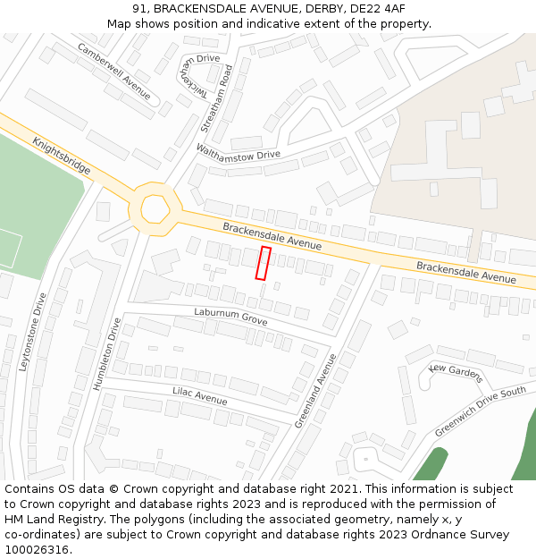 91, BRACKENSDALE AVENUE, DERBY, DE22 4AF: Location map and indicative extent of plot