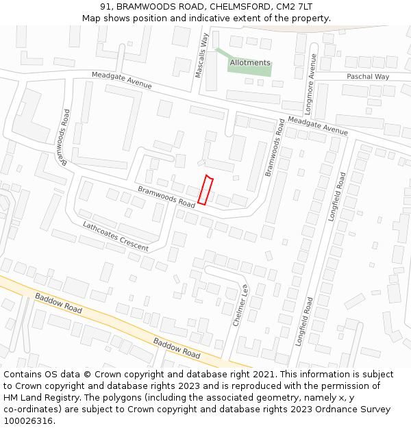 91, BRAMWOODS ROAD, CHELMSFORD, CM2 7LT: Location map and indicative extent of plot