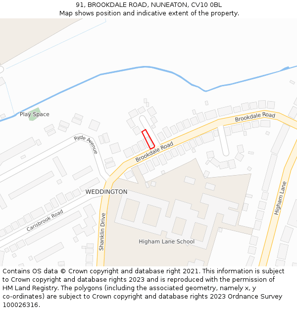91, BROOKDALE ROAD, NUNEATON, CV10 0BL: Location map and indicative extent of plot