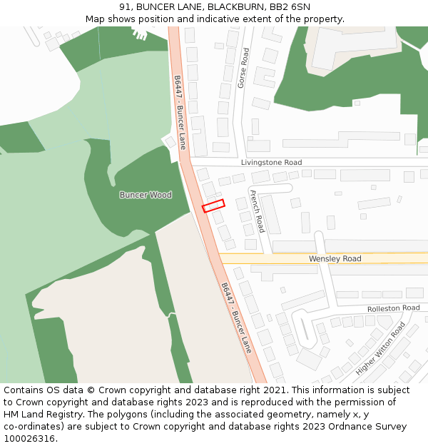 91, BUNCER LANE, BLACKBURN, BB2 6SN: Location map and indicative extent of plot