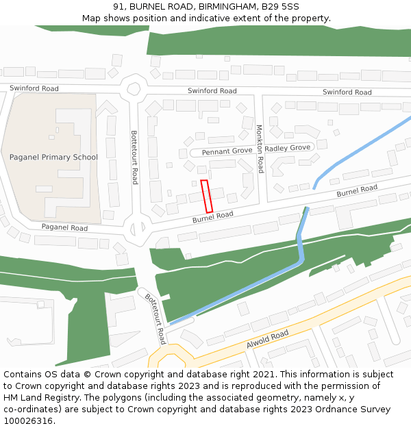 91, BURNEL ROAD, BIRMINGHAM, B29 5SS: Location map and indicative extent of plot