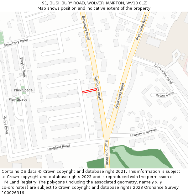 91, BUSHBURY ROAD, WOLVERHAMPTON, WV10 0LZ: Location map and indicative extent of plot