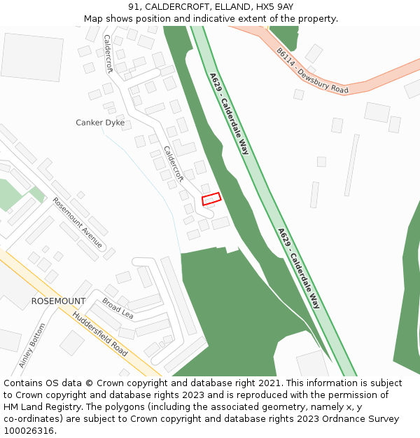 91, CALDERCROFT, ELLAND, HX5 9AY: Location map and indicative extent of plot