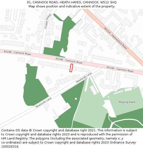 91, CANNOCK ROAD, HEATH HAYES, CANNOCK, WS12 3HQ: Location map and indicative extent of plot